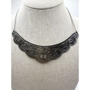 Vintage Tribal Silver Plated Women's Necklace Statement 15” Engraved Floral